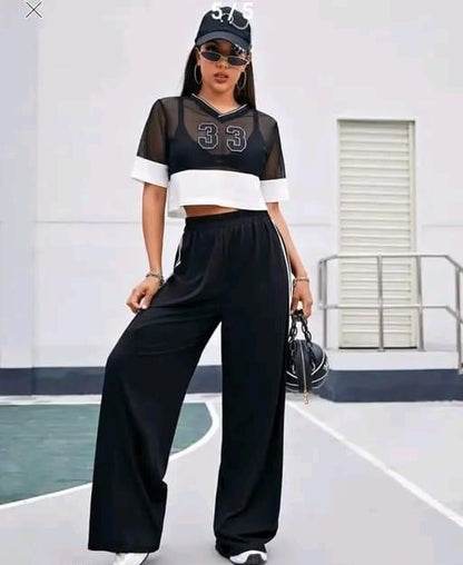 Women's Hight Waist Wide-Leg Jogger Pant Black & White Stripe